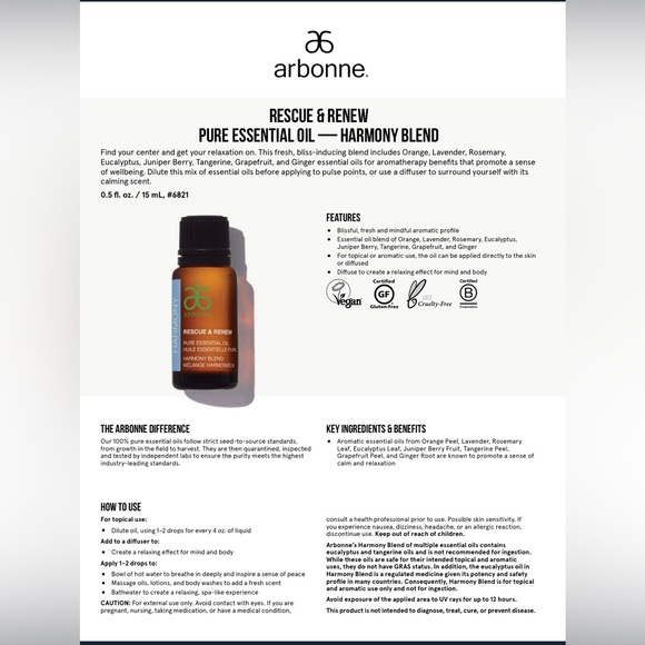 Arbonne Rescue & Renew Harmony pure essential oil - Picture 2 of 2